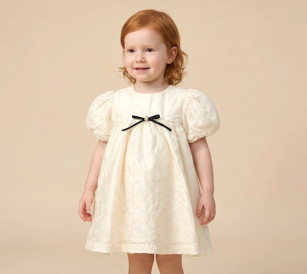 26012 Bow Détaillé Brodé Robe Écru Robe bébé fille – Image 1